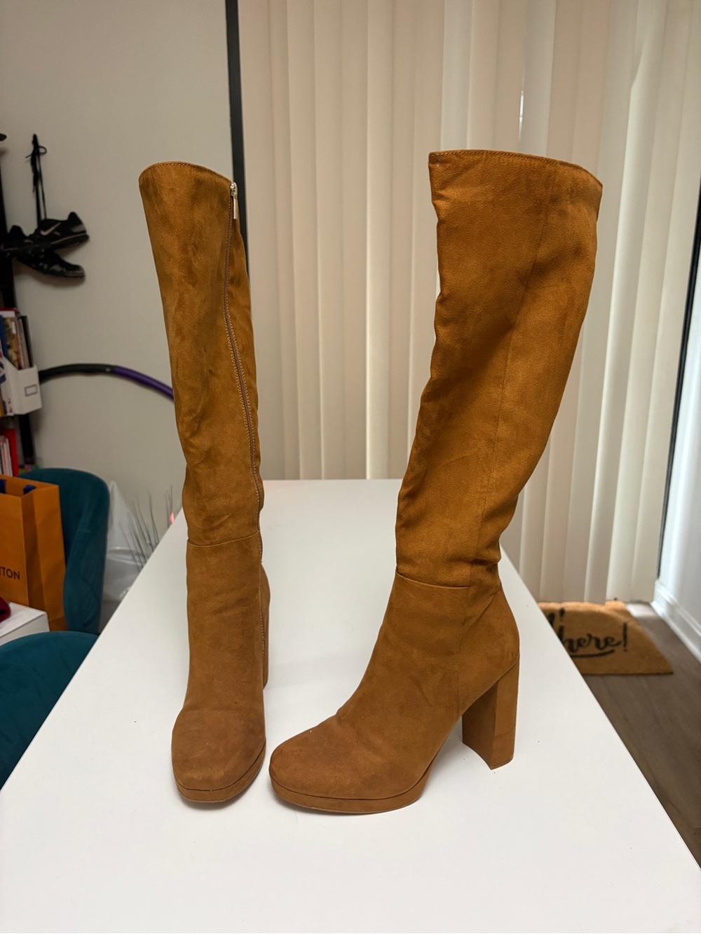 Tall Suede Knee-High Boots in Cognac